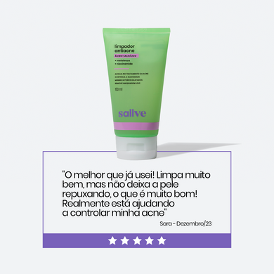 Bisnaga de 150 ml do Limpador Antiacne da Sallve acompanhada de avaliação positiva de cliente com 5 estrelas. Depoimento destaca limpeza eficaz sem repuxar a pele e auxílio no controle da acne.