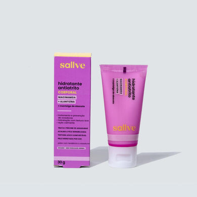 Hidratante Antiatrito Sallve 30g com embalagem e caixa, com niacinamida, alantoína e manteiga de abacate para acalmar e proteger a pele.