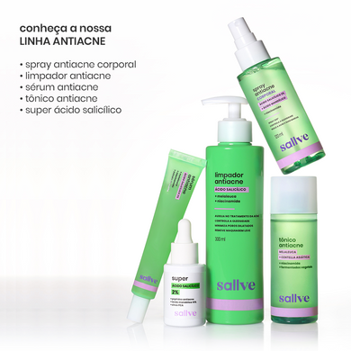 Linha completa antiacne da Sallve com spray corporal, limpador, sérum, tônico e Super Ácido Salicílico, com ativos como melaleuca, niacinamida e ácido mandélico.
