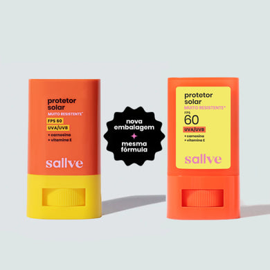 Comparativo entre a embalagem antiga e a nova do Protetor Solar Bastão FPS 60 da Sallve, com destaque para a mensagem “nova embalagem, mesma fórmula”.