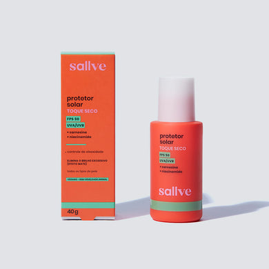 Protetor Solar Toque Seco FPS 50 Sallve com embalagem e caixa, com niacinamida e carnosina para controle da oleosidade e efeito matte.