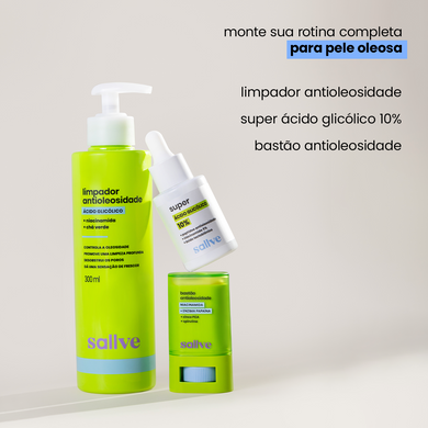 Kit de cuidados para pele oleosa da Sallve com três produtos: limpador antioleosidade com ácido glicólico, super ácido glicólico 10% e bastão antioleosidade. Rotina completa para controle da oleosidade e desobstrução dos poros.