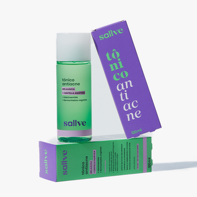 Tônico Antiacne da Sallve em frasco de 120 ml ao lado das embalagens. Fórmula com melaleuca, centella asiática, niacinamida e fermentados vegetais, indicada para peles acneicas e oleosas.