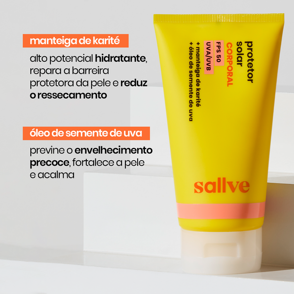 Principais ativos do protetor solar corporal Sallve FPS 50: manteiga de karité e óleo de semente de uva.