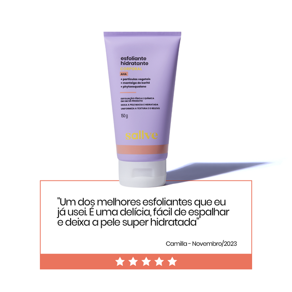 Avaliação de cliente sobre o Esfoliante Hidratante Corporal Sallve destacando hidratação e facilidade de aplicação.