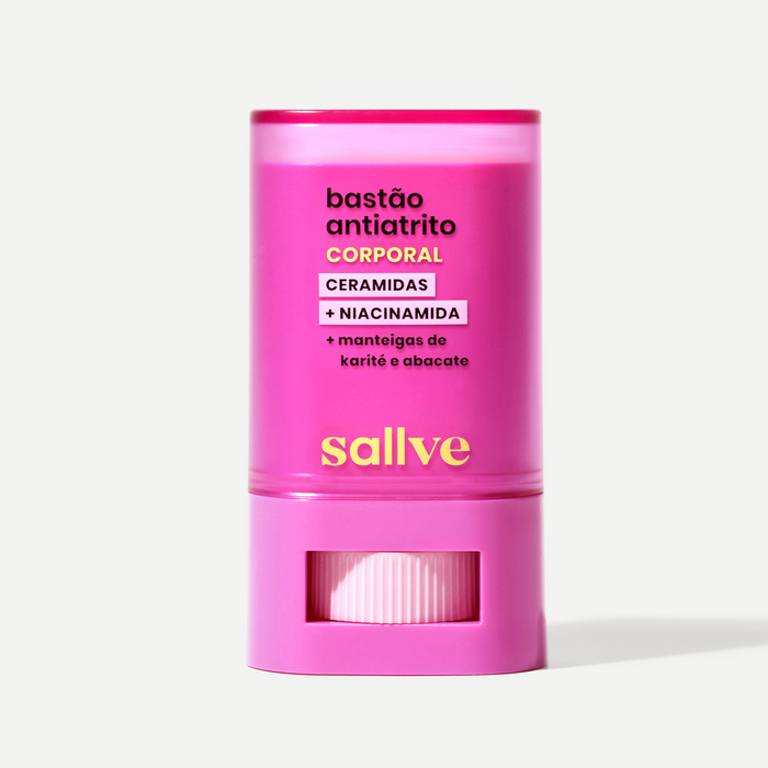Bastão Antiatrito Corporal da Sallve em embalagem rosa. Contém ceramidas, niacinamida e manteigas de karité e abacate para proteção da pele contra atrito