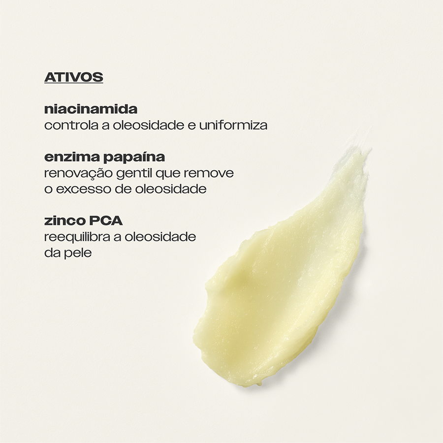 Ativos do Bastão Antioleosidade Sallve – niacinamida controla a oleosidade, enzima papaína renova e zinco PCA reequilibra a pele