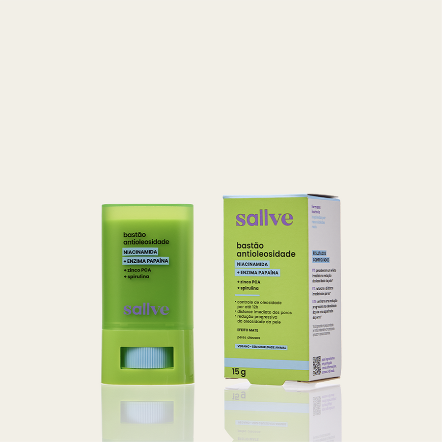 Bastão Antioleosidade Sallve com embalagem 15g – efeito mate e controle de oleosidade por até 12h