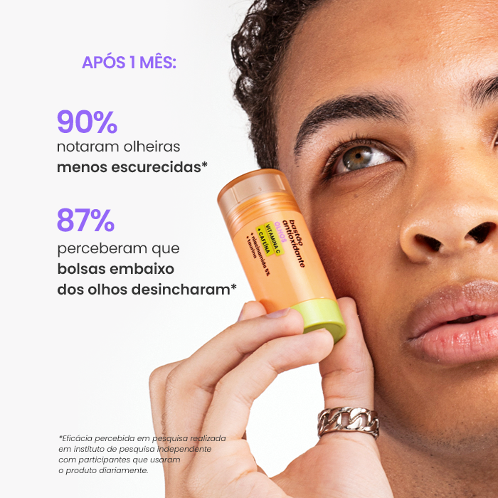 Pessoa aplicando o Bastão Antioxidante para Olhos da Sallve, com destaque para resultados clínicos como redução de olheiras e bolsas em até 1 mês.