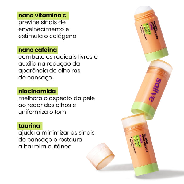 Ingredientes do Bastão Antioxidante para Olhos Sallve: Vitamina C, cafeína, niacinamida e taurina