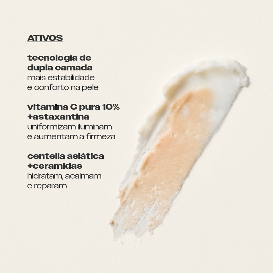 Ativos do Bastão Vitamina C Pura 10% Sallve – tecnologia de dupla camada, vitamina C pura 10%, astaxantina, centella asiática e ceramidas