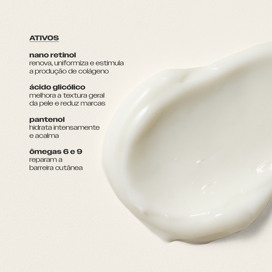 Ativos do Creme Retexturizador Noturno Sallve – nano retinol, ácido glicólico, pantenol e ômegas 6 e 9