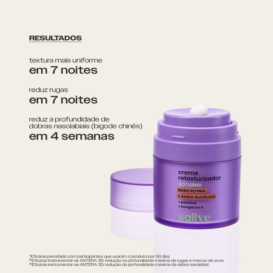 Resultados do Creme Retexturizador Noturno Sallve – textura mais uniforme e menos rugas em 7 noites, dobras nasolabiais reduzidas em 4 semanas