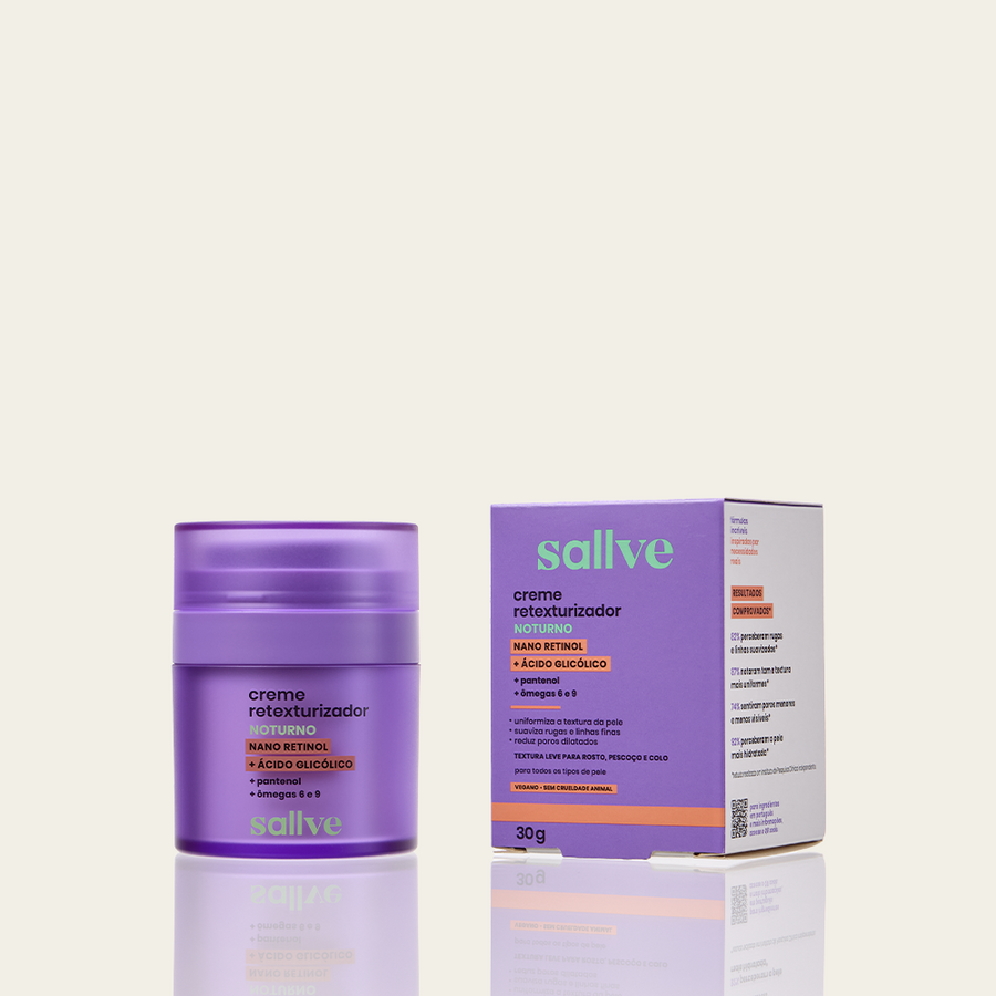 Creme Retexturizador Noturno Sallve com embalagem 30g – creme noturno com nano retinol e ácido glicólico
