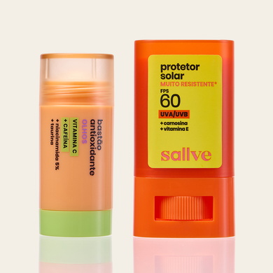 Dupla Acorda e Vai Sallve – Bastão Antiolheiras Antioxidante e Protetor Solar Bastão FPS 60 Muito Resistente lado a lado