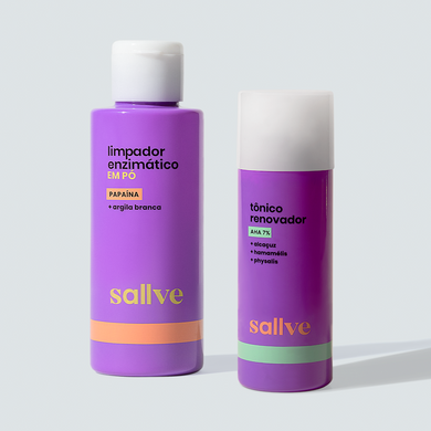Dupla Anti-cravo Dia e Noite da Sallve com Limpador Enzimático em Pó e Tônico Renovador, ideal para limpeza profunda, controle de cravos e renovação celular diária.