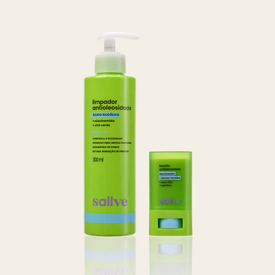 Dupla Antioleosidade Sallve – Limpador Antioleosidade 300ml e Bastão Antioleosidade lado a lado
