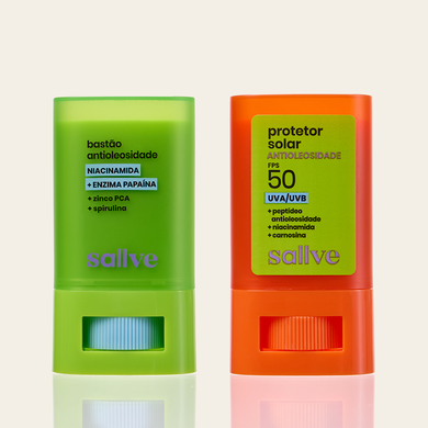 Dupla Bastão Antioleosidade Dia e Noite Sallve – Bastão Antioleosidade e Protetor Solar Bastão Antioleosidade FPS 50 lado a lado