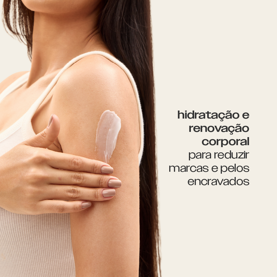 Hidratante Renovador Corporal Sallve aplicado no braço – hidratação e renovação corporal para reduzir marcas e pelos encravados