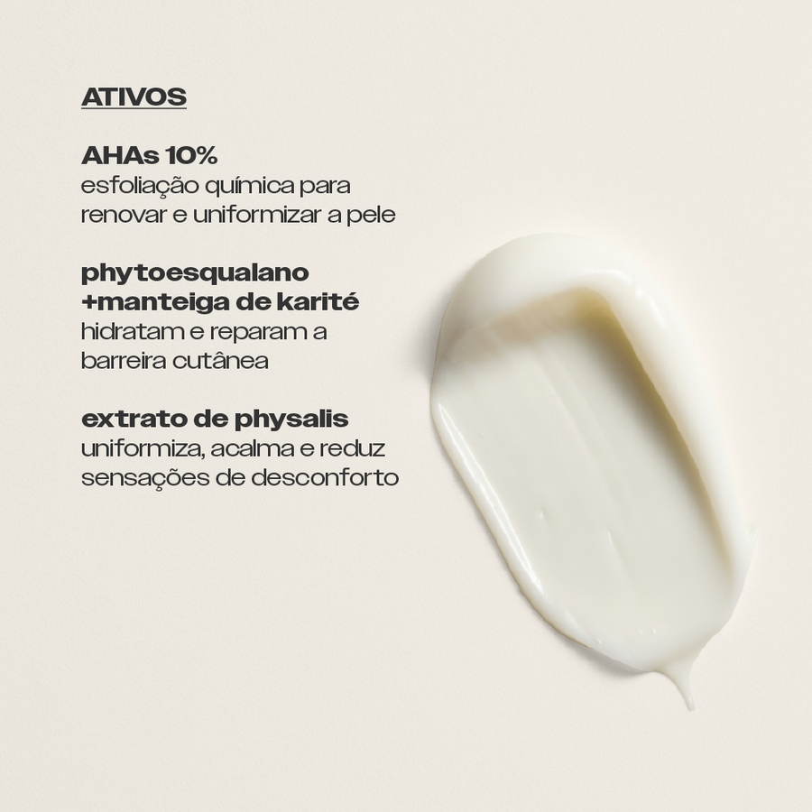 Ativos do Hidratante Renovador Corporal Sallve – AHAs 10%, phytoesqualano, manteiga de karité e extrato de physalis