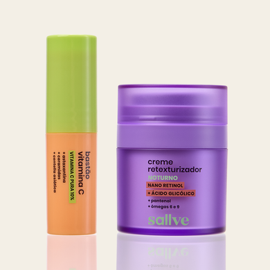 Dupla Vitamina C Pura + Retinol Sallve – Bastão Vitamina C Pura 10% e Creme Retexturizador Noturno lado a lado