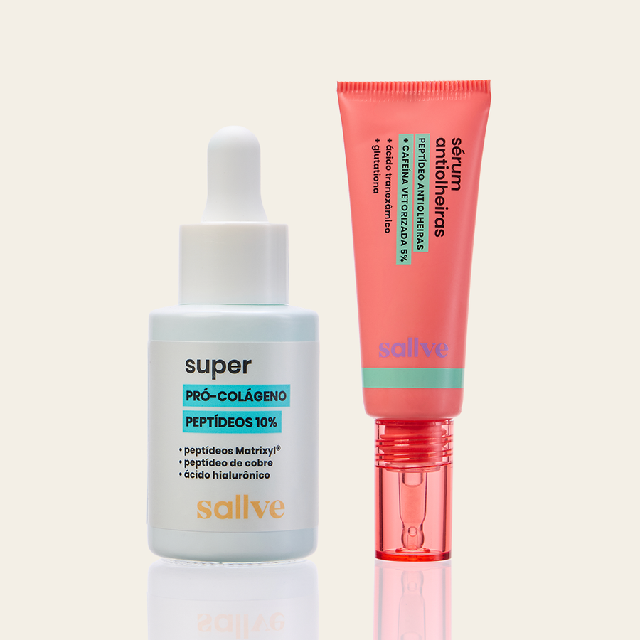 Dupla Menos Olheiras, Mais Firmeza Sallve – Sérum Antiolheiras e Super Pró-Colágeno 10% lado a lado