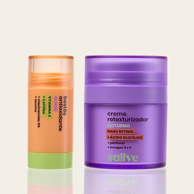 Dupla Pele Descansada Sallve – Creme Retexturizador Noturno e Bastão Antiolheiras Antioxidante lado a lado