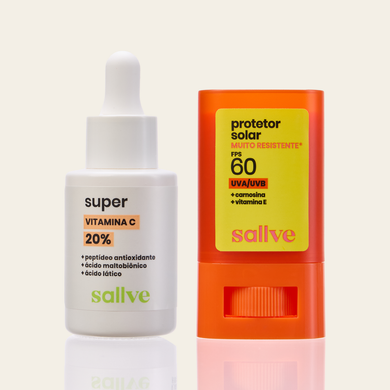 Dupla Proteção + Ação Antioxidante Sallve – Super Vitamina C 20% e Protetor Solar Bastão FPS 60 Muito Resistente lado a lado