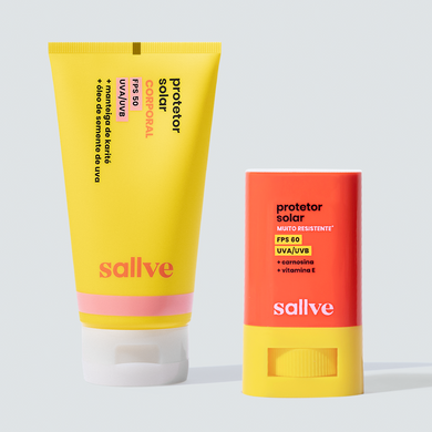 Dupla Proteção Resistente da Sallve com Protetor Solar Bastão FPS 60 e Protetor Solar Corporal FPS 50, com alta proteção UVA/UVB e ação antioxidante.