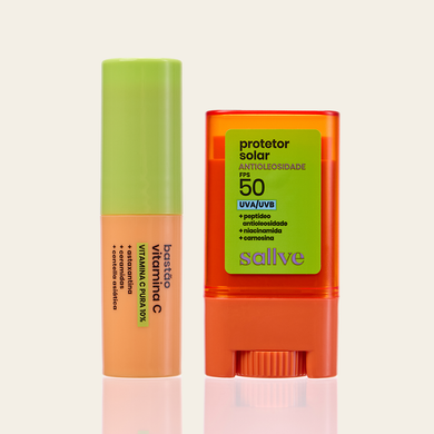 Dupla Proteção Turbinada Antioleosidade Sallve – Bastão Vitamina C Pura 10% e Protetor Solar Bastão Antioleosidade FPS 50 lado a lado