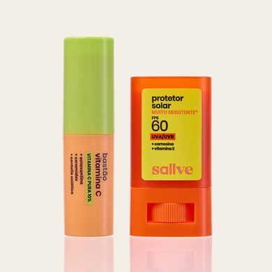 Dupla Proteção Turbinada Pele Glow Sallve – Bastão Vitamina C Pura 10% e Protetor Solar Bastão FPS 60 Muito Resistente lado a lado