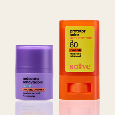 Dupla Renova e Protege Rosto e Lábios Sallve – Máscara Renovadora Labial e Protetor Solar Bastão FPS 60 Muito Resistente lado a lado