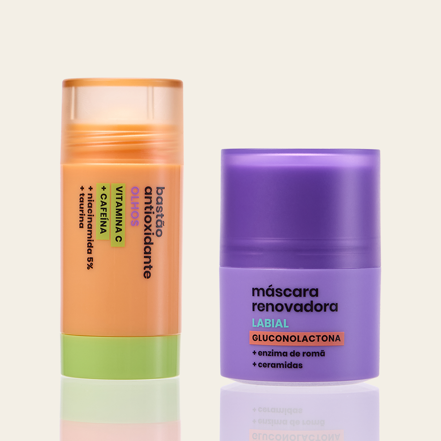 Dupla Renova os Lábios, Ilumina o Olhar Sallve – Bastão Antiolheiras Antioxidante e Máscara Renovadora Labial lado a lado