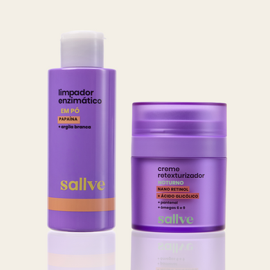 Dupla Renovação Dia e Noite Sallve – Limpador Enzimático em Pó e Creme Retexturizador Noturno lado a lado
