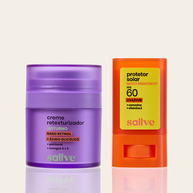 Dupla Renovação e Proteção Sallve – Creme Retexturizador Noturno e Protetor Solar Bastão FPS 60 Muito Resistente lado a lado