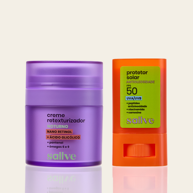 Dupla Renovação e Proteção Antioleosidade Sallve – Creme Retexturizador Noturno e Protetor Solar Bastão Antioleosidade FPS 50 lado a lado