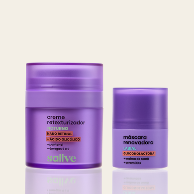 Dupla Renovação Noturna Completa Sallve – Creme Retexturizador Noturno e Máscara Renovadora Labial lado a lado