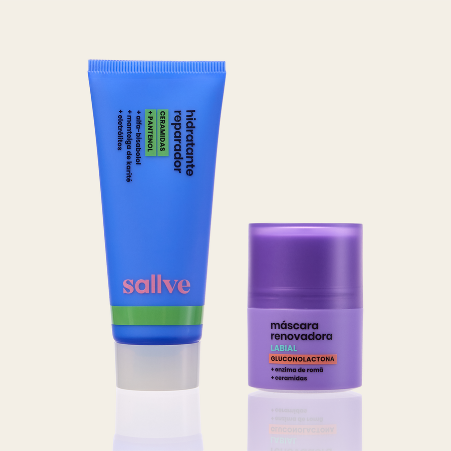 Dupla Reparação Sallve – Hidratante Reparador e Máscara Renovadora Labial lado a lado