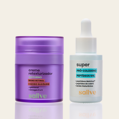 Dupla Rotina Noturna Sallve – Creme Retexturizador Noturno e Super Pró-Colágeno 10% lado a lado