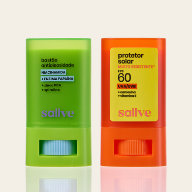 Dupla Rotina Prática Sallve – Bastão Antioleosidade e Protetor Solar Bastão FPS 60 Muito Resistente lado a lado