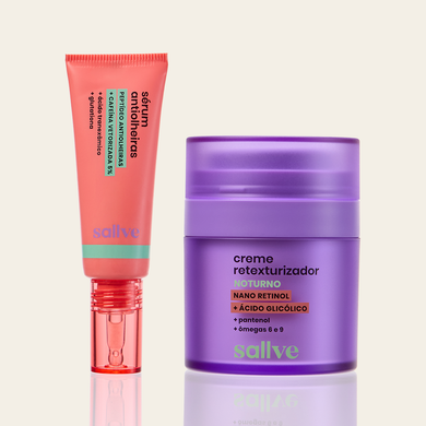 Dupla Sono Renovador Sallve – Sérum Antiolheiras e Creme Retexturizador Noturno lado a lado
