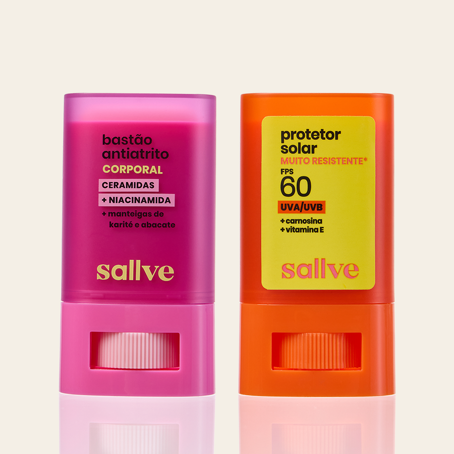 Dupla Verão na Bolsa Sallve – Bastão Antiatrito e Protetor Solar Bastão FPS 60 Muito Resistente lado a lado