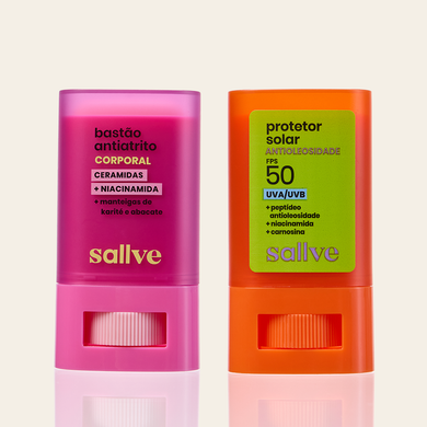 Dupla Verão na Bolsa Antioleosidade Sallve – Bastão Antiatrito e Protetor Solar Bastão Antioleosidade FPS 50 lado a lado
