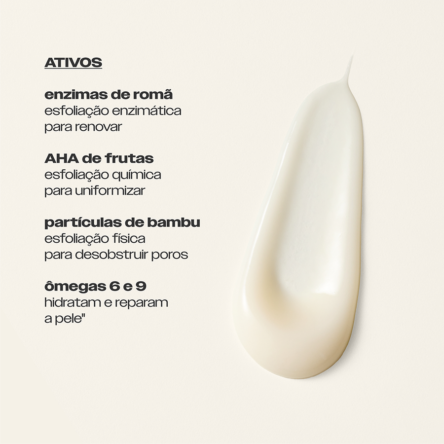 Ativos do Esfoliante Enzimático Sallve – enzimas de romã, AHA de frutas, partículas de bambu e ômegas 6 e 9 para renovar e desobstruir poros