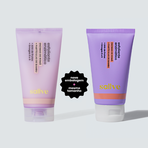 Nova embalagem do Esfoliante Enzimático Sallve (mesmo tamanho) lado a lado com versão anterior.