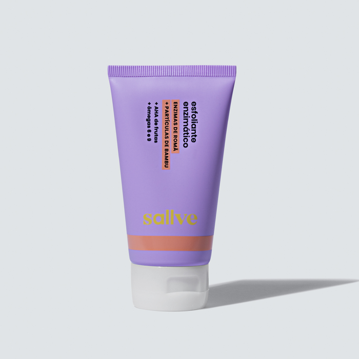 Tubo de 70 g do Esfoliante Enzimático Sallve com enzimas de romã + partículas de bambu.