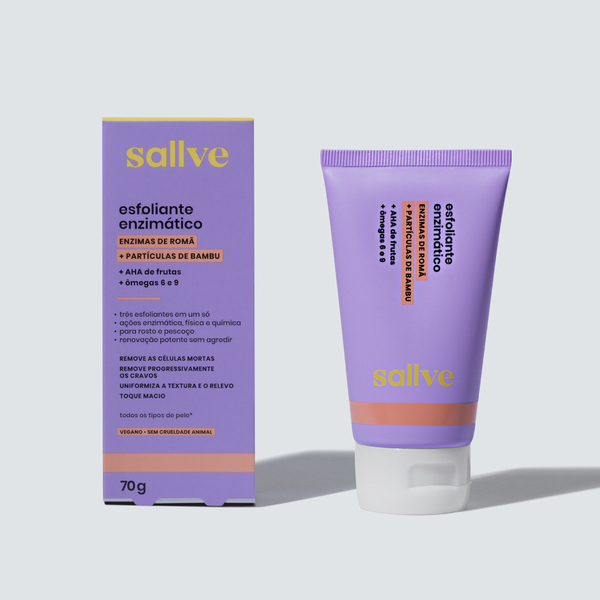 Embalagem completa do Esfoliante Enzimático Sallve 70 g – caixa e tubo exibindo fórmula vegana sem fragrância.