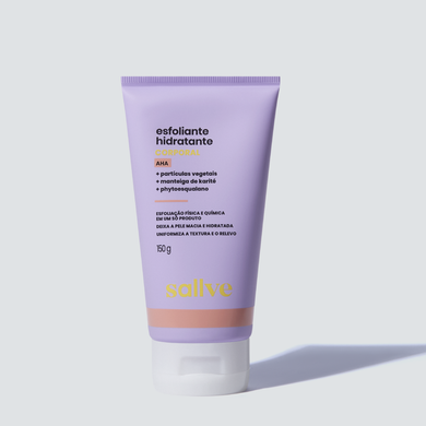 Embalagem do Esfoliante Hidratante Corporal Sallve de 150g com ácido lático, partículas vegetais e manteiga de karité.