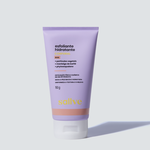 Embalagem do Esfoliante Hidratante Corporal Sallve de 150g com ácido lático, partículas vegetais e manteiga de karité.