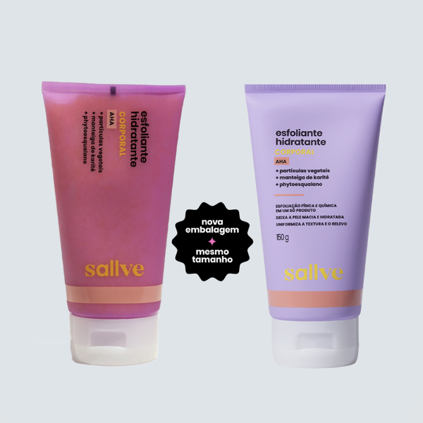 Comparativo da nova e antiga embalagem do Esfoliante Hidratante Corporal Sallve, mesmo tamanho e fórmula.